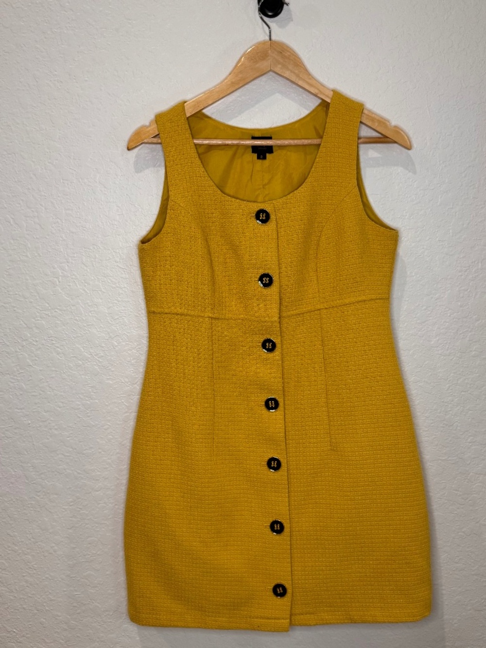 UK Mustard Yellow Mini Dress Button Front Sleeveless Vintage Style Size 6